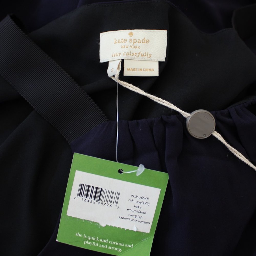 NEW Kate Spade Embroidered Trim Silk Top, Rich Navy, Small, Sleeveless, Lined - Picture 5 of 15